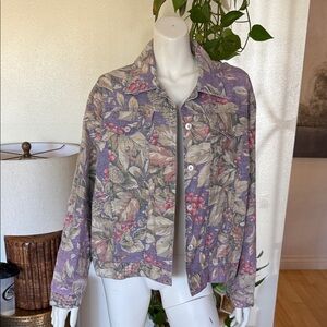 Vintage Norm Thompson Purple Pink Neutral Floral Jean Denim Jacket Shacket